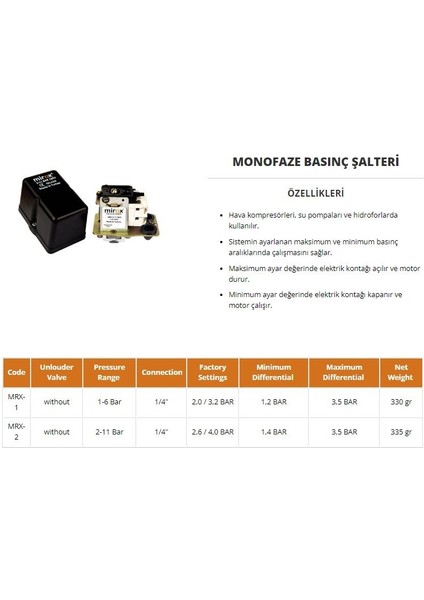 (1-6) Mon. Basınç Şalteri - 1/4'' Rekorlu