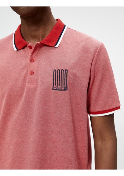 Polo Yaka Tişört Düğmeli Slogan İşlemeli Dar Kesim Kısa Kollu indirimleri