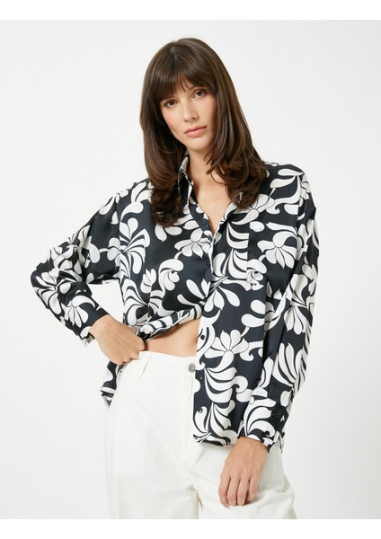 Çiçekli Saten Gömlek Cep Detaylı