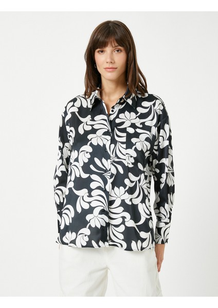 Çiçekli Saten Gömlek Cep Detaylı modelleri