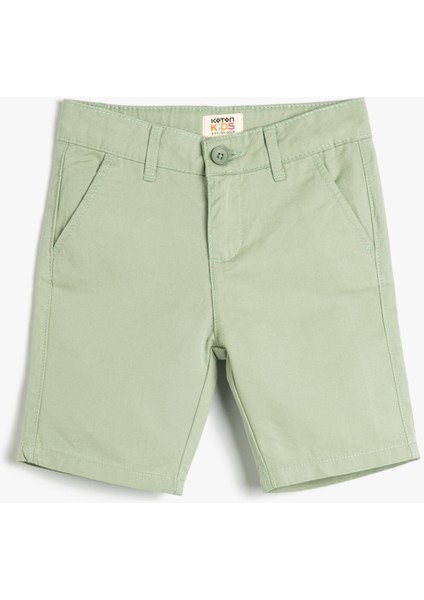 Bermuda Şort Basic Chino Cepli Pamuklu Beli Ayarlanabilir Lastikli