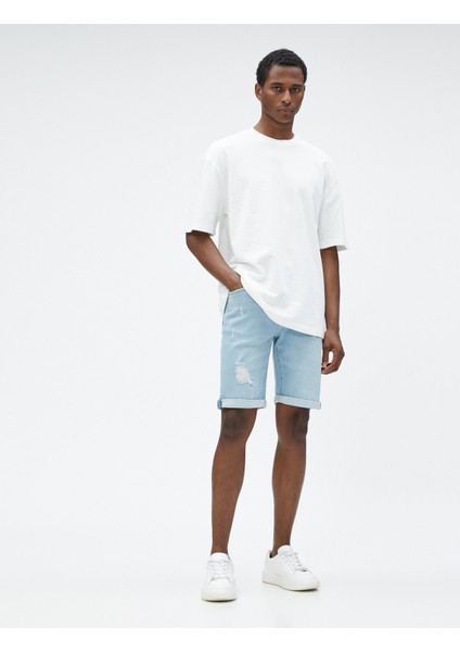 Yırtık Kot Şort Bermuda Katlı Paça Detaylı Düğmeli Pamuklu