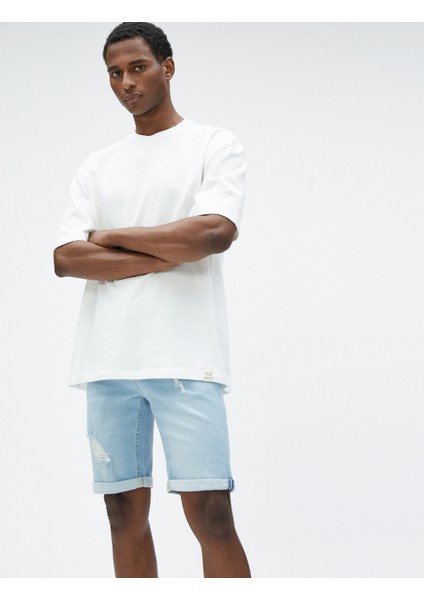 Yırtık Kot Şort Bermuda Katlı Paça Detaylı Düğmeli Pamuklu fiyatları