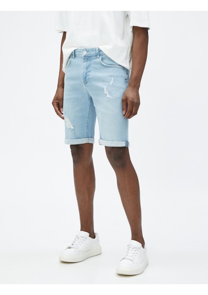 Yırtık Kot Şort Bermuda Katlı Paça Detaylı Düğmeli Pamuklu modelleri