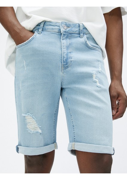 Yırtık Kot Şort Bermuda Katlı Paça Detaylı Düğmeli Pamuklu indirimleri