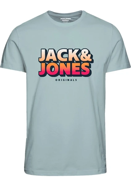 Jack & Jones Sıfır Yaka Baskılı Açık Mavi Erkek T-Shirt 12238135