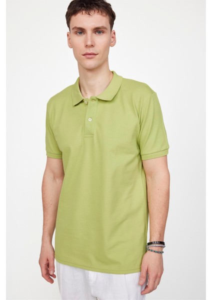 Erkek Polo Yaka Slim Fit Düz Pamuk Pike Yeşil Tişört