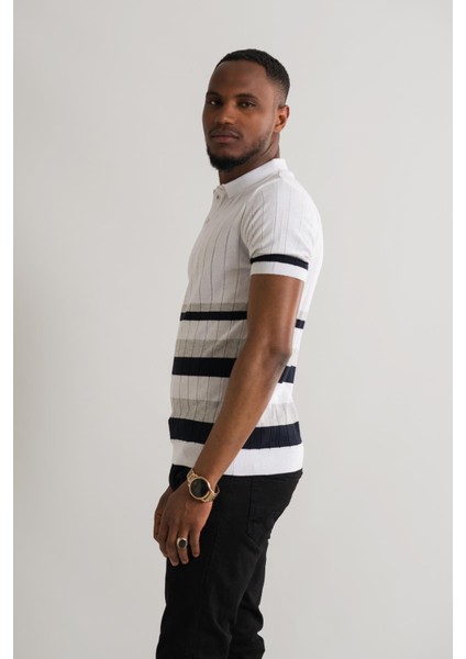 Slimfit Polo Yaka Likralı Çizgili Triko Kumaş Yazlık Spor Erkek T-Shirt