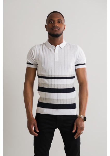 Slimfit Polo Yaka Likralı Çizgili Triko Kumaş Yazlık Spor Erkek T-Shirt fiyatları