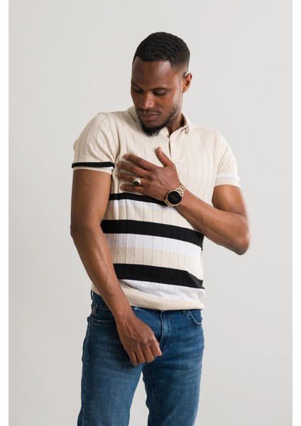 Slimfit Polo Yaka Likralı Çizgili Triko Kumaş Yazlık Spor Erkek T-Shirt fiyatları
