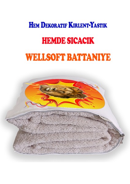 Şampiyon Sarı Kırmızı Arslan Taraftar Baskılı Dekoratif Yastık Kırlent Opsiyonel Battaniye 2 In 1