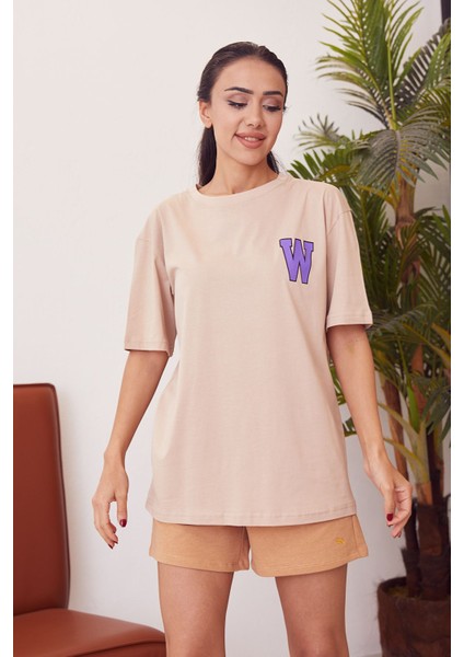 W Baskılı T-Shirt-Bej