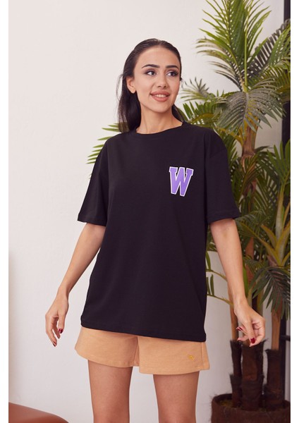 W Baskılı T-Shirt-Siyah