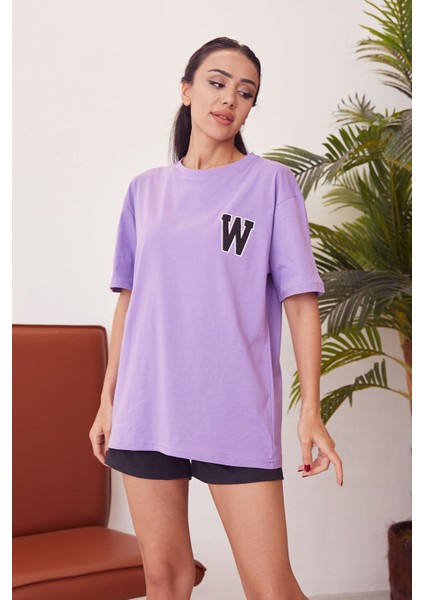 W Baskılı T-Shirt-Mor