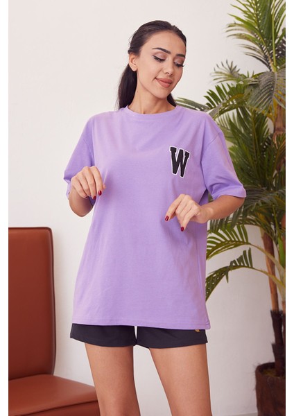 W Baskılı T-Shirt-Mor