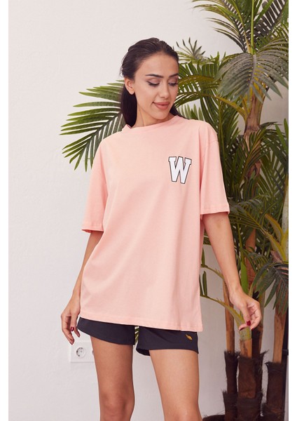 W Baskılı T-Shirt-Somon