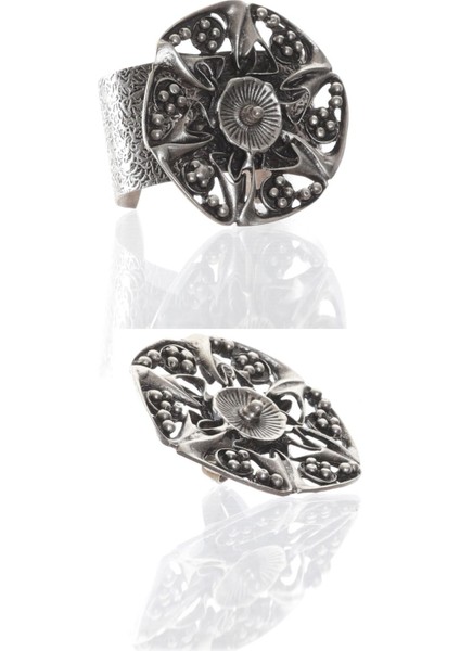 Kadın Antik Gümüş Kaplama Açık Geniş Bant Nilüfer Çiçeği Bileklik & Yüzük Seti indirimleri
