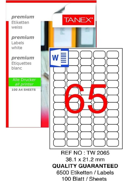 Bilgisayar Etiketi TW-2065 38,1X21,2 mm 100 Lü Lazer Etiket 1 Paket Tanex Davetiye Kargo Koli Kutu Etiketi