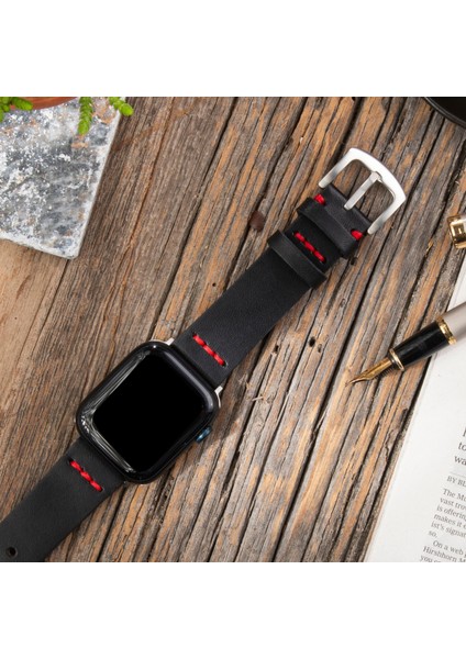 Watch Uyumlu 42MM 44MM 45MM 49MM 1 / 2 / 3 / 4 / 5 / 6 / Se / 7 / 8 / 9 Ultra Ultra 2 Deri Kordon Hakiki Deri Kayış Siyah