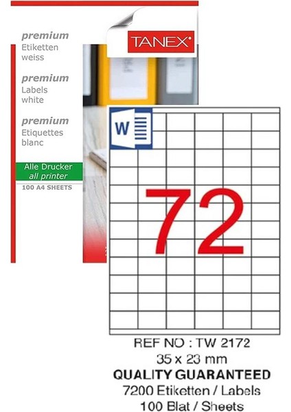 Bilgisayar Etiketi TW-2172 35X23 mm 100 Lü Lazer Etiket 1 Paket Tanex Davetiye Kargo Koli Kutu Etiketi