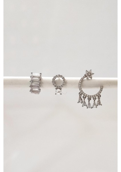 3'lü Italyan Zirkon Taşlı Küpe Seti