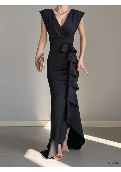 Kadın Scuba Dalgıç Kumaş Kruvaze Yaka Eteği Volanlı Abiye Elbise (Renkli) indirimleri