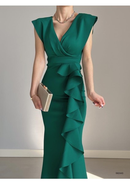 Kadın Scuba Dalgıç Kumaş Kruvaze Yaka Eteği Volanlı Abiye Elbise (Renkli) modelleri