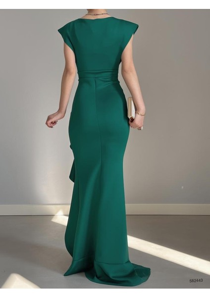 Kadın Scuba Dalgıç Kumaş Kruvaze Yaka Eteği Volanlı Abiye Elbise (Renkli) fırsatları