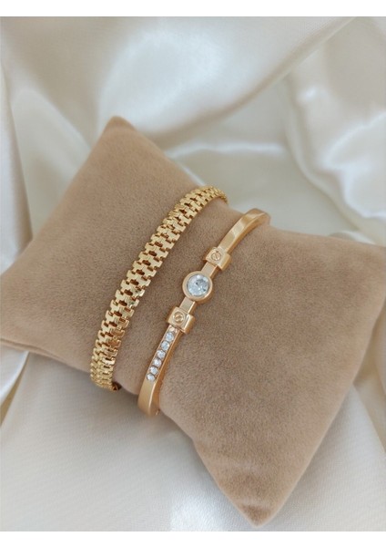 Altın Renk Kadın Altın Kaplama Zirkon Taşlı Kararmaz Kombin Bileklik - 2404