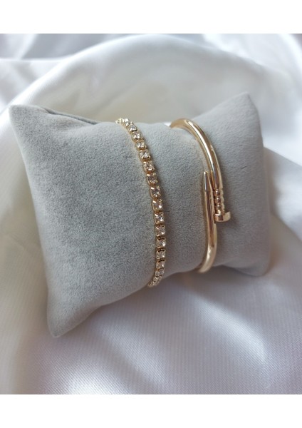 Altın Kaplama Kadın Kararmaz Çivi Kelepçe ve Su Yolu Kombin Bileklik - 2406