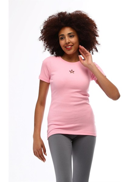 Fancy Kadın Bisiklet Yaka Papatya Nakışlı Fitilli Slim Fit Ekstra Esnek Tişört