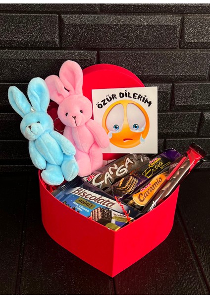 Özür Dilerim Hediyesi Kalp Kutuda Tatlı Mini Tavşanlar ve Bitter Çikolatalar