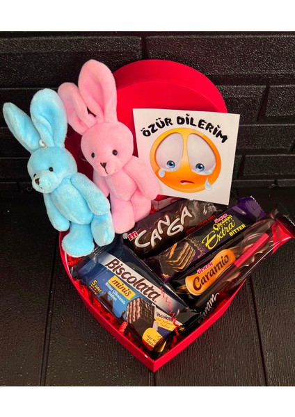 Özür Dilerim Hediyesi Kalp Kutuda Tatlı Mini Tavşanlar ve Bitter Çikolatalar modelleri