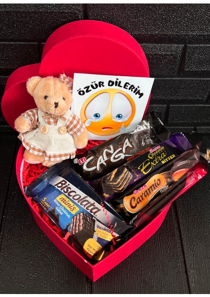 Sevgiliye Özür Hediyesi Kalp Kutuda Elbiseli Mini Ayıcık ve Bitter Çikolatalar modelleri