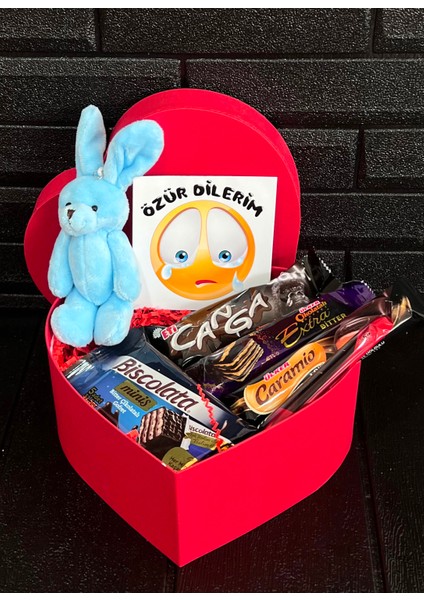 Özür Dilerim Hediyesi Kalp Kutuda Mavi Mini Tavşan ve Bitter Çikolatalar