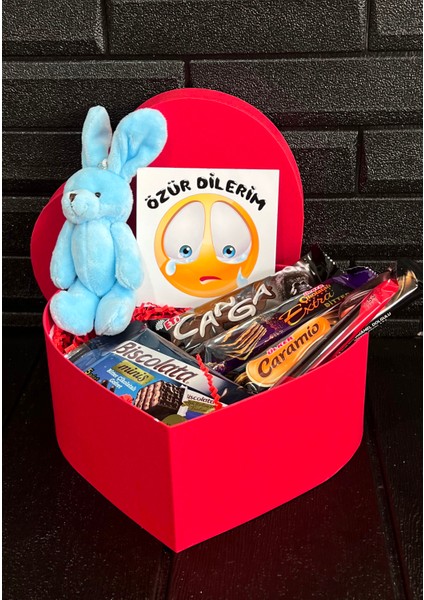 Özür Dilerim Hediyesi Kalp Kutuda Mavi Mini Tavşan ve Bitter Çikolatalar fiyatları