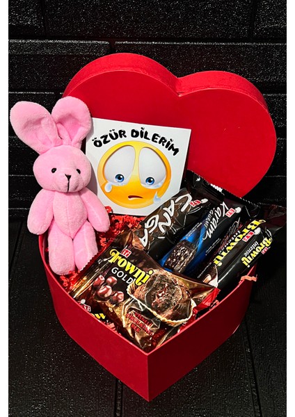 Sevgiliye Özür Hediyesi Kalp Kutuda Pembe Mini Tavşan ve En Sevilen Lezzetler