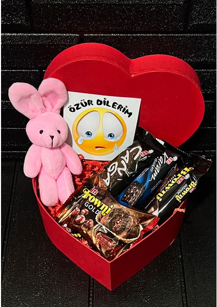 Sevgiliye Özür Hediyesi Kalp Kutuda Pembe Mini Tavşan ve En Sevilen Lezzetler modelleri