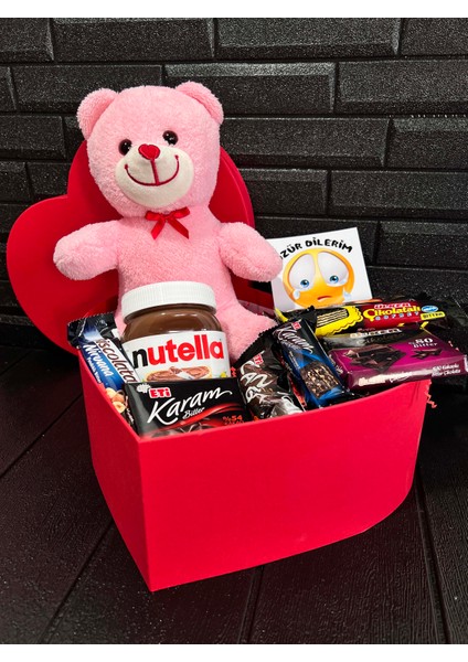 Sevgiliye Özür Hediyesi - Pembe Ayıcık - Nutella ve Bitter Çikolatalar