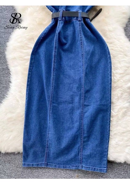 Kadın Sırt Dekolte Yakalı Kemerli Kot Elbise modelleri