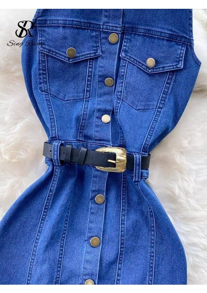 Kadın Sırt Dekolte Yakalı Kemerli Kot Elbise indirimleri