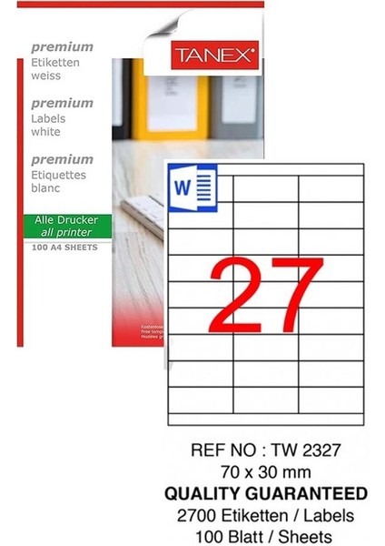 Bilgisayar Etiketi TW-2327 70X30 mm 100 Lü Lazer Etiket 1 Paket Tanex Davetiye Kargo Koli Kutu Etiketi