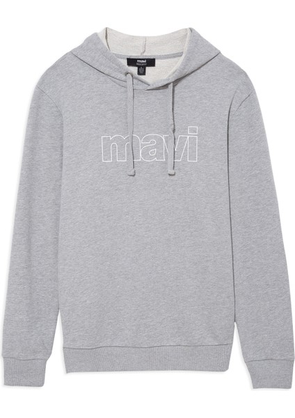 Erkek Mavi Logo Baskılı Kapüşonlu Gri Sweatshirt 065606-28387