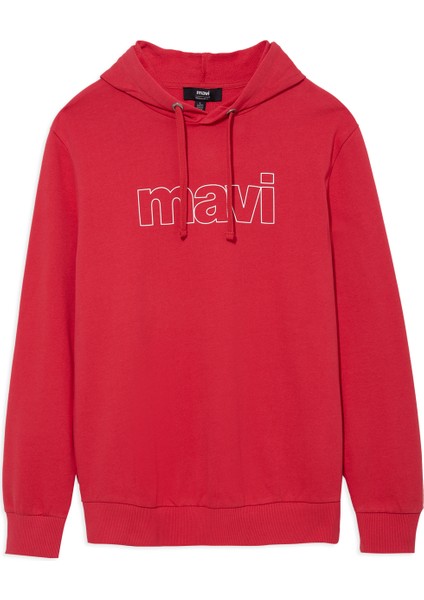 Erkek Mavi Logo Baskılı Kapüşonlu Kırmızı Sweatshirt 065606-70468