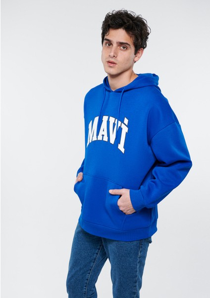 Erkek Mavi Logo Baskılı Kapüşonlu Mavi Sweatshirt 067149-70896