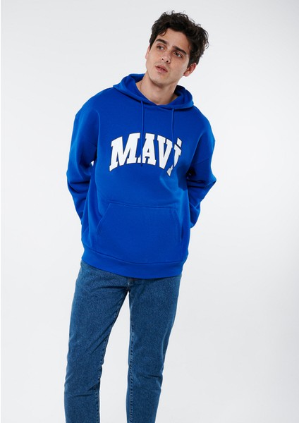 Erkek Mavi Logo Baskılı Kapüşonlu Mavi Sweatshirt 067149-70896