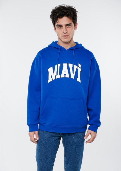 Erkek Mavi Logo Baskılı Kapüşonlu Mavi Sweatshirt 067149-70896