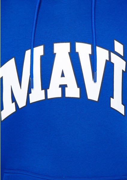 Erkek Mavi Logo Baskılı Kapüşonlu Mavi Sweatshirt 067149-70896