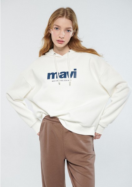 Kadın Mavi Logo Baskılı Kapüşonlu Ekru Sweatshirt 168334-81964