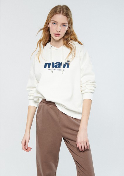 Kadın Mavi Logo Baskılı Kapüşonlu Ekru Sweatshirt 168334-81964